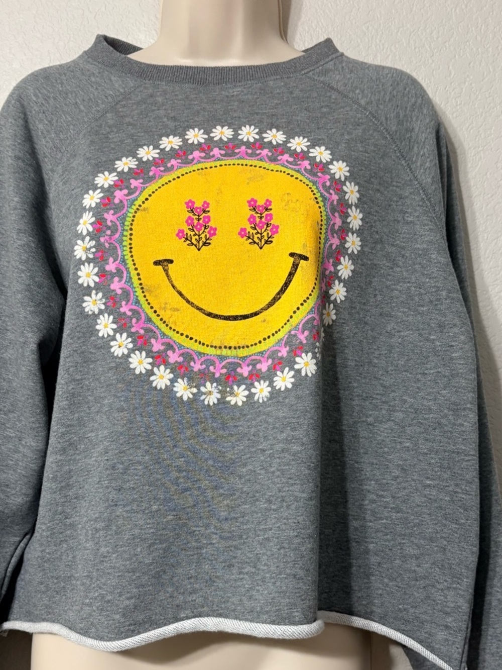Natural Life Gray Sweatshirt with Yellow Floral Smiley Face Floral Graphic M